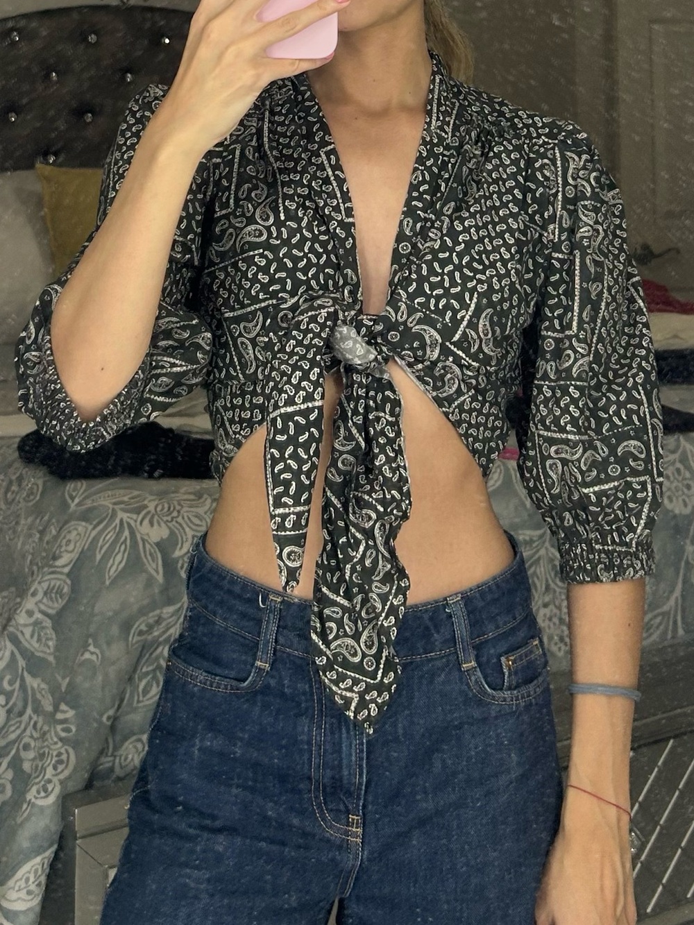 Tie-Front Printed Crop Top in Black and White
